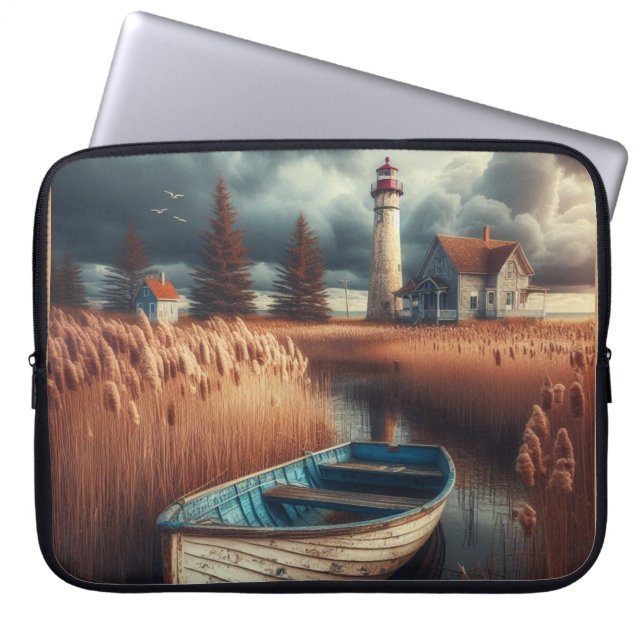 Coastal Serenity: vuurtoren en roeiboot Laptop Sleeve (Voorkant)