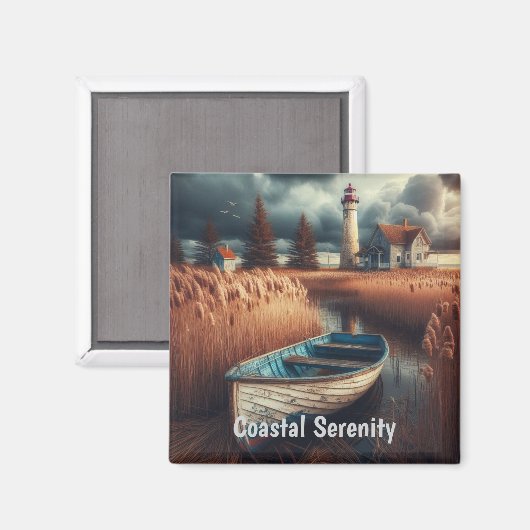 Coastal Serenity: vuurtoren en roeiboot Magneet (Voorkant / Achterkant)