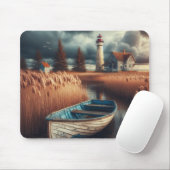 Coastal Serenity: vuurtoren en roeiboot Muismat (Met muis)