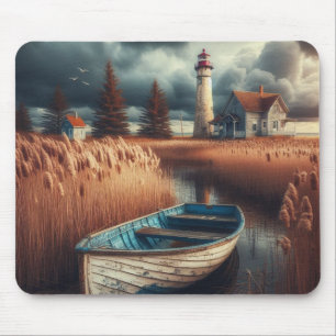 Coastal Serenity: vuurtoren en roeiboot Muismat