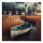 Coastal Serenity: vuurtoren en roeiboot Perfect Poster (Voorkant)