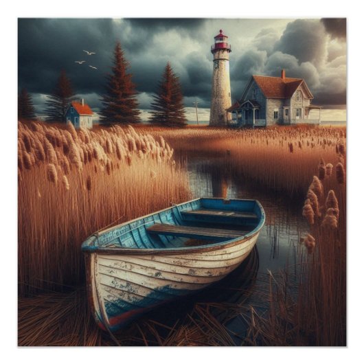 Coastal Serenity: vuurtoren en roeiboot Perfect Poster (Voorkant)
