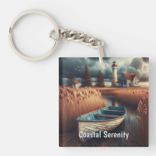 Coastal Serenity: vuurtoren en roeiboot Sleutelhanger (voorkant)