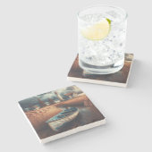 Coastal Serenity: vuurtoren en roeiboot Stenen Onderzetter (Zijkant)