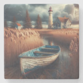 Coastal Serenity: vuurtoren en roeiboot Stenen Onderzetter (Voorkant)