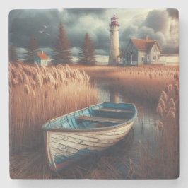 Coastal Serenity: vuurtoren en roeiboot Stenen Onderzetter