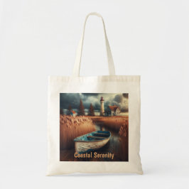 Coastal Serenity: vuurtoren en roeiboot Tote Bag