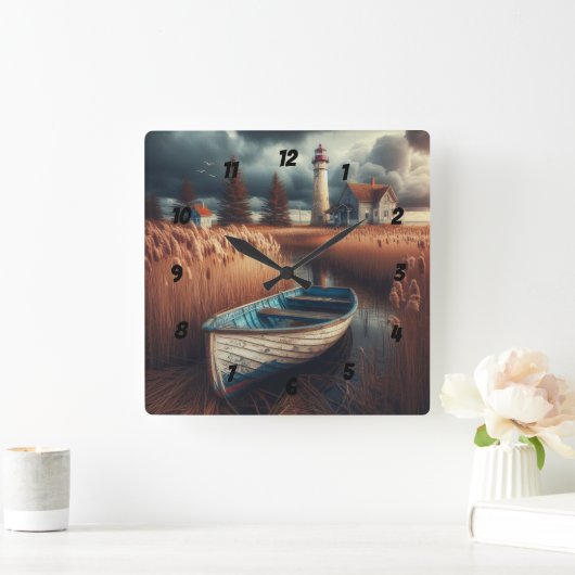Coastal Serenity: vuurtoren en roeiboot Vierkante Klok (Huis)