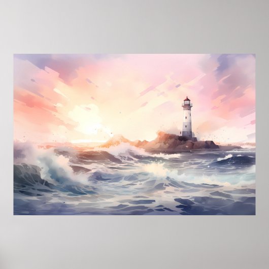 Coastal Serenity: Vuurtoren Waterverf Kunst Poster (Voorkant)