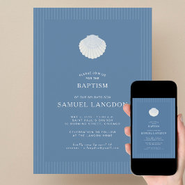 Coastal shell blue striped baptism Invitation Kaart