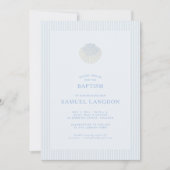 Coastal shell blue striped baptism Invitation Kaart (Voorkant)