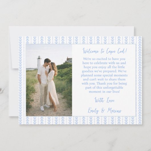Coastal Shell  Blue Wedding Welcome Bag Card Photo Bedankkaart (Voorkant)
