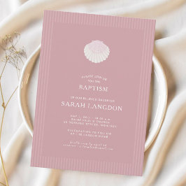 Coastal shell dusty pink striped baptism Invitatio Kaart