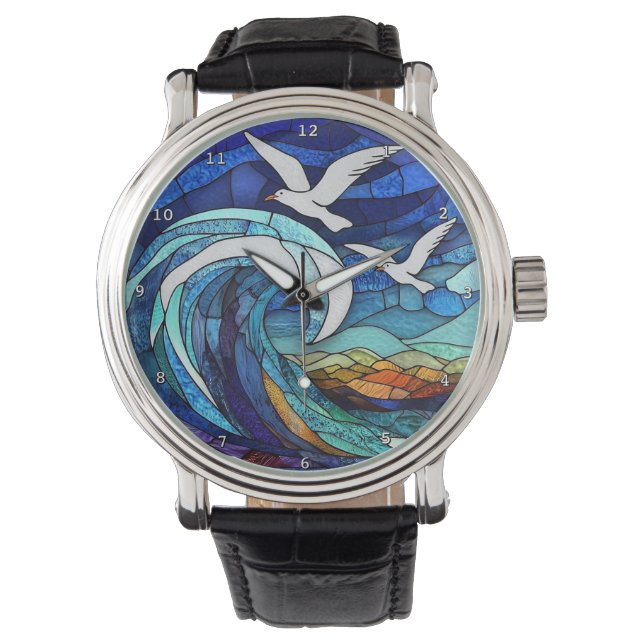 Coastal Skies Stained Glass Seas Seagull Ocean Horloge (Voorkant)