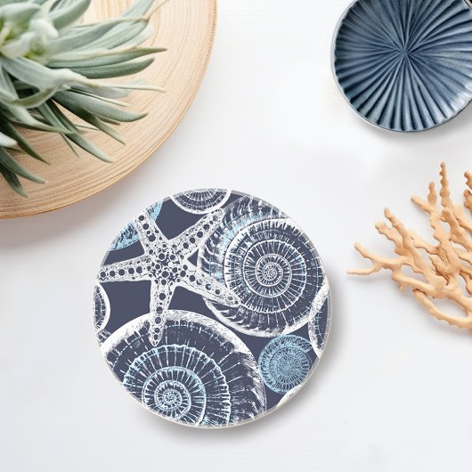 Coastal Starfish Shell Blue White Coaster Zandsteen Onderzetter