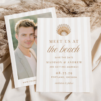 Coastal Stripes Shell Beach Photo Wedding Save The Date