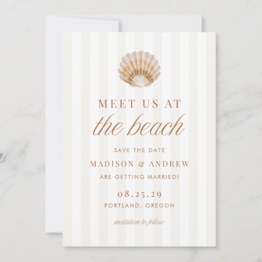 Coastal Stripes Shell Beach Wedding Save The Date (Voorkant)