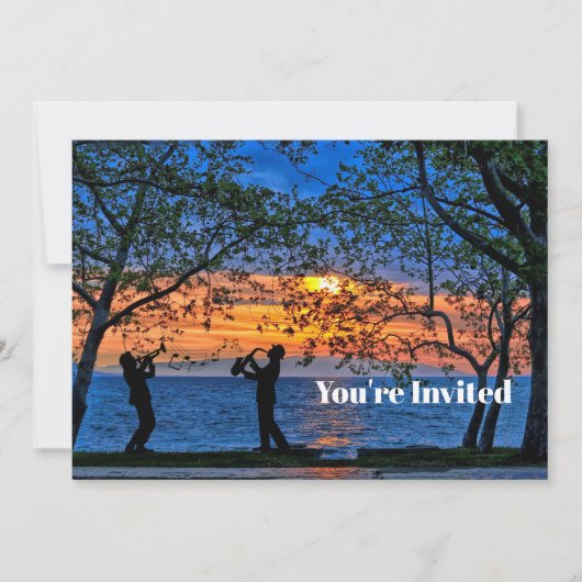 Coastal Sunset Musicians Silhouette Verjaardag Kaart (Voorkant)