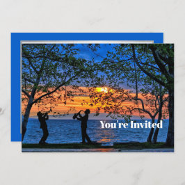 Coastal Sunset Musicians Silhouette Verjaardag Kaart