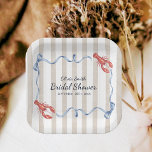 Coastal Theme She's a Catch Lobster Bridal Shower Papieren Bordje<br><div class="desc">Elevate your bridal shower with these charming "She's a Catch" lobster-themed paper plates! Featuring a beautiful watercolor design with red lobsters, flowing blue ribbons, bows, and classic beige stripes on a neutral background. Perfect for a nautical, coastal, beach, or summer bridal shower celebration. Playful pun design adds a fun touch...</div>