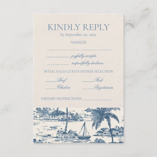 Coastal Toile Classic Script Dusty Blue  RSVP Kaartje (Voorkant)