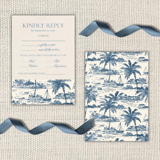 Coastal Toile Klassiek Schrift Stofblauw RSVP Kaartje