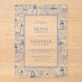 Coastal Toile Lighthouse Blue Wedding Acryl Uitnodigingen (Voorkant)