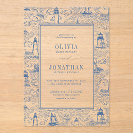 Coastal Toile Lighthouse Blue Wedding Acryl Uitnodigingen
