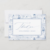 Coastal Toile Lighthouse Blue Wedding Bedankkaart (Voorkant)