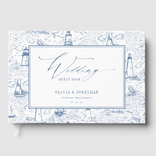 Coastal Toile Lighthouse Blue Wedding Gastenboek (Voorkant)