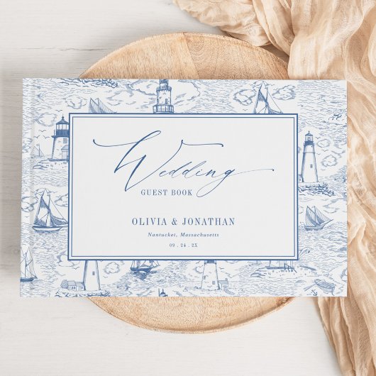 Coastal Toile Lighthouse Blue Wedding Gastenboek