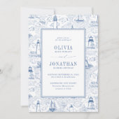 Coastal Toile Lighthouse Blue Wedding Kaart (Voorkant)