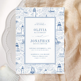 Coastal Toile Lighthouse Blue Wedding Kaart