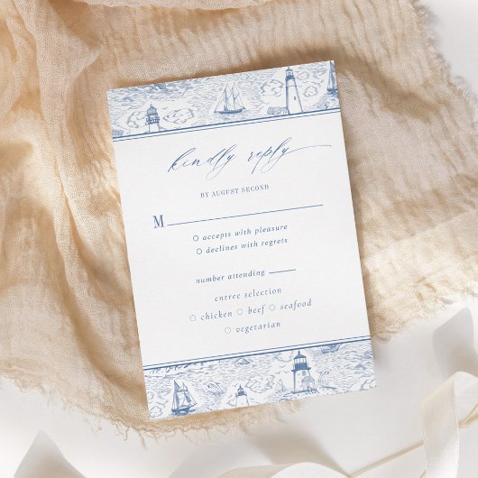 Coastal Toile Lighthouse Blue Wedding RSVP Kaartje