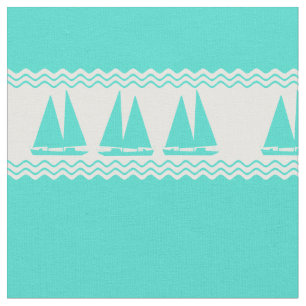 Coastal Turquoise White Stripe Sailboat Patroon Stof
