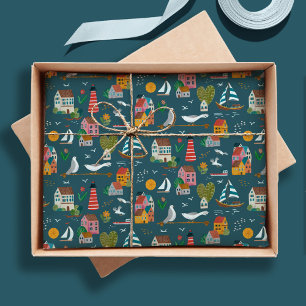 Coastal Village Blue Pattern Baby shower Party Tissuepapier