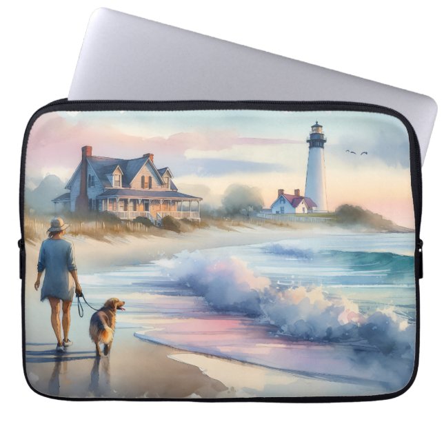 Coastal Walk to Lighthouse at Sunset Laptop Sleeve (Voorkant)