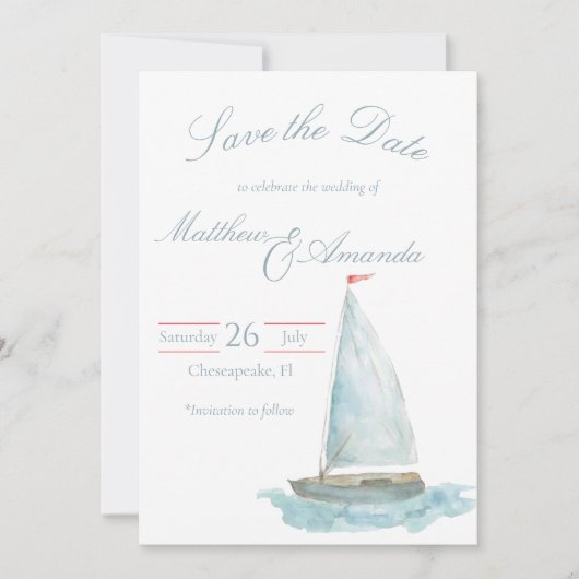 Coastal Watercolor Sailboat Save the Date Kaart (Voorkant)