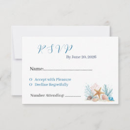 Coastal Watercolor Seashells & Coral Beach Wedding RSVP Kaartje