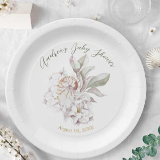 Coastal Watercolor Shells and Floral Baby Shower Papieren Bordje