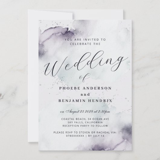Coastal Waterverf Blauw Elegant Huwelijk Kaart (Voorkant)