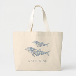 Coastal Waterverf Blue Polka Dot Dolphin Grote Tote Bag