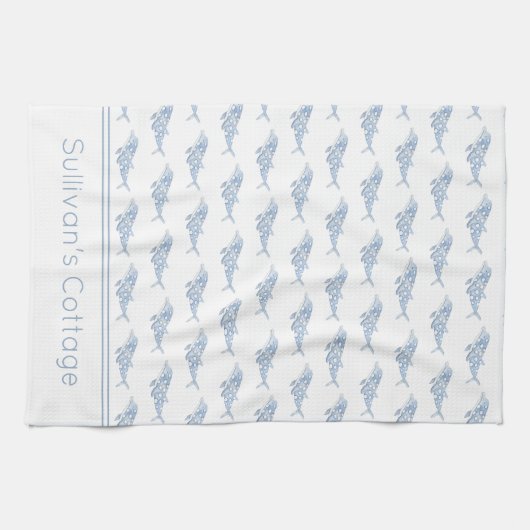 Coastal Waterverf Blue Polka Dot Dolphin Theedoek (Horizontaal)