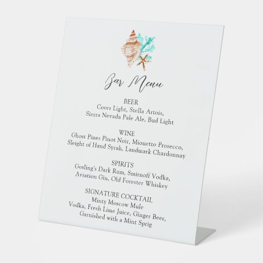 Coastal Wedding Bar Menu Elegant Script Drink List Reclamebord Met Voetstuk (Voorkant)
