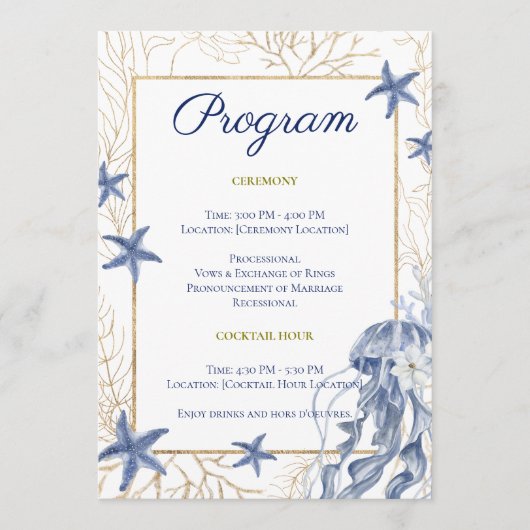 Coastal Wedding Blue & Gold Program Programmakaart (Voorkant)