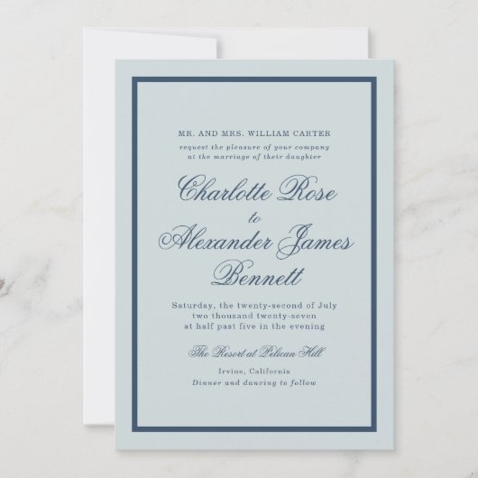 Coastal Wedding Dusty Blue Classic Script Kaart (Voorkant)