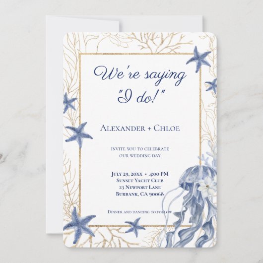 Coastal Wedding Navy Blue Gold Kaart (Voorkant)