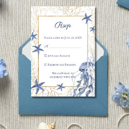 Coastal Wedding Navy Blue Gold RSVP Kaartje