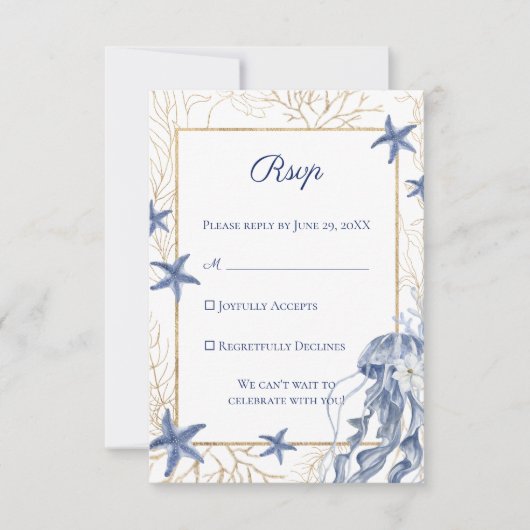 Coastal Wedding Navy Blue Gold RSVP Kaartje (Voorkant)