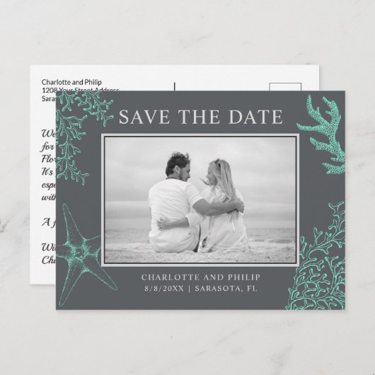 Coastal Wedding Sla de datum op Custom Photo Card Aankondigingskaart (Voorkant / Achterkant)